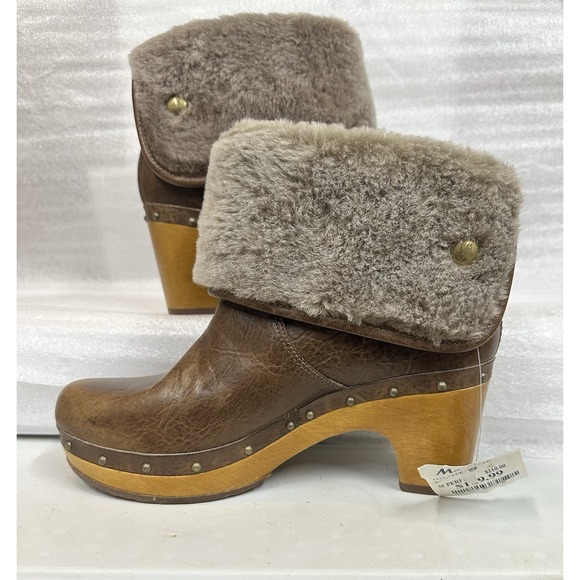 UGG Australia Lynnea Brown Leather Sheepskin Clog Ankle Boots Size 6 - Picture 2 of 10